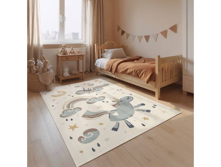 Kinderteppich HANSE HOME Einhorn , blau (creme multifarben), B:200cm H:10mm L:290cm, Polypropylen, Teppiche, Kinderteppich, Pflegeleicht, Weich, Kinderzimmer, Spielteppich, Spielunterlage