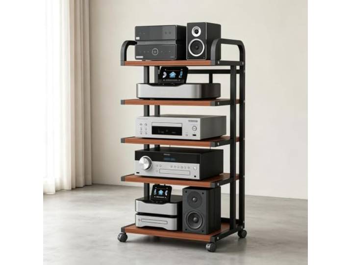 YHTCSXMD Mobiles HiFi Rack mit Rollen, 3/4/5 Ebenen Stahlrahmen 2,5 cm Holzoptik-Ablagen, Audio Rack mit Bremsen für Wohnzimmer, Büro und Geschäft