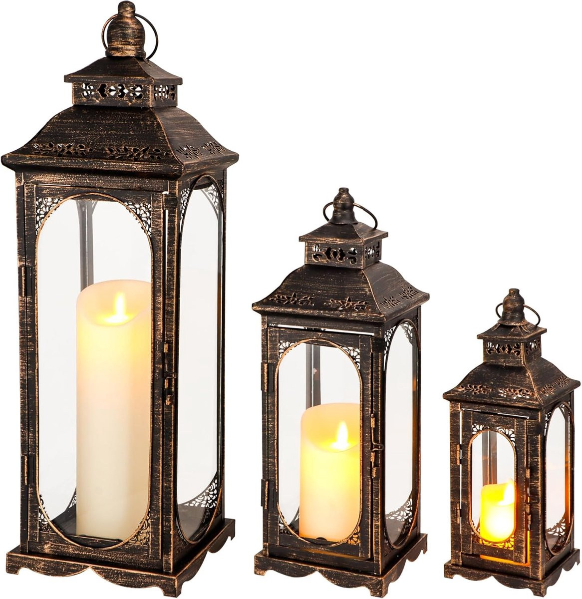 TRIROCKS Set van 3 Pillar Candle Lanterns in Vintage Stijl met Gehard Glas