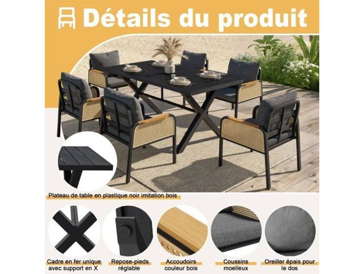 Ensemble Mobilier de Jardin polyvalent 1 table + 6 chaises anti-UV résistant à l'eau parfait pou ENSEMBLE TABLE CHAISE DE JARDI