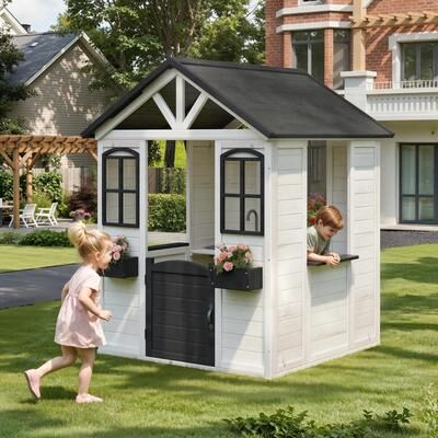Erommy Kids Wooden Adventure Cottage Playhouse, Outdoor Playhouse with Functional Door, Windows, Service Station and Flower Pot Holders