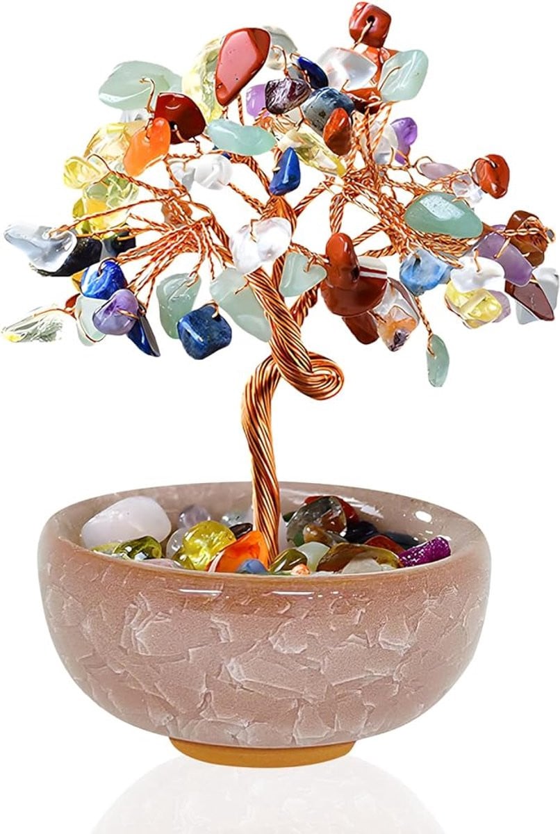 Rozenkwarts Edelsteenboompje - Kristallen Levensboom Ornament voor Woon- en Bureaudecoratie