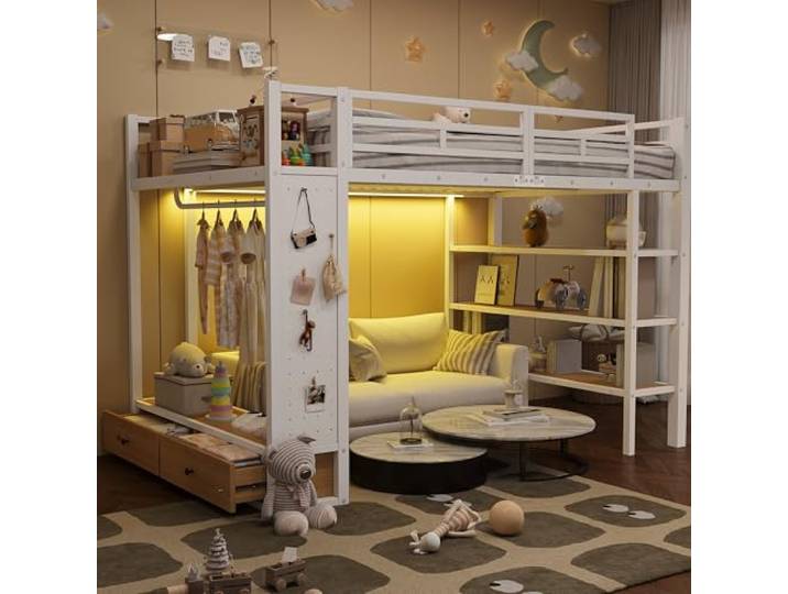 Metallbett Hochbett 140x200 mit LED-Licht & Schreibtisch & Regal, Weiß Multifunktionales Kinderbett Jugendbett mit LED-Beleuchtung, Schreibtisch, Schubladen, Regal und Stauraum, Ohne Matratze