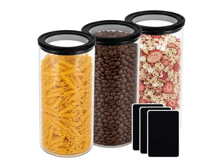 Relaxdays Bocaux de Conservation Lot de 3\, 1200 ml\, verre\, étiquettes transparent/noir\, couvercle hermétique