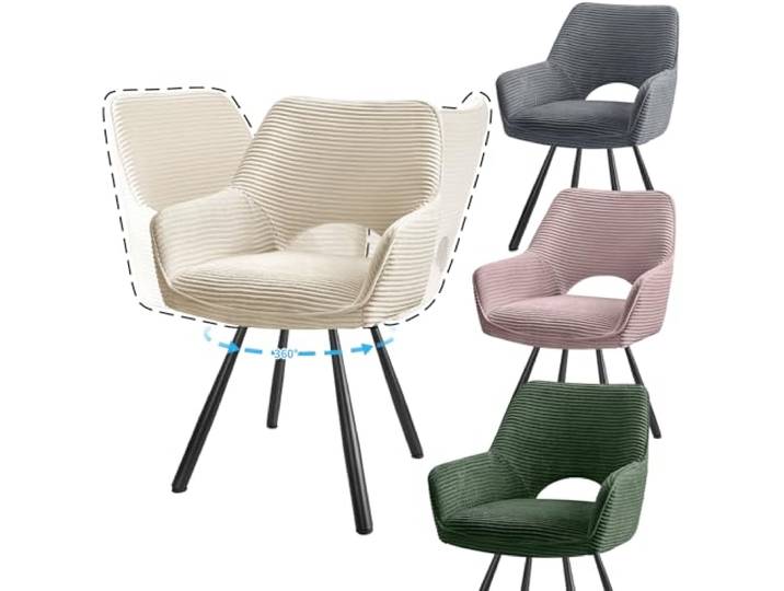 JIJIAN 4er Set 360° Drehbare Esszimmerstühle mit Armlehnen, Farbmischung Drehbar Stühle Esszimmer mit Metallbeinen, Moderner Küchenstuhl aus Cord, Polsterstuhl für Esszimmer, Küche, Wohnzimmer