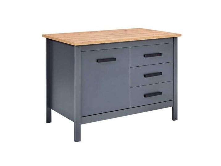 Ilot de Cuisine Anthracite et Plateau Effet Bois avec un côté 1 porte 3 tiroirs et 1 côté 2 étagères - KENNY