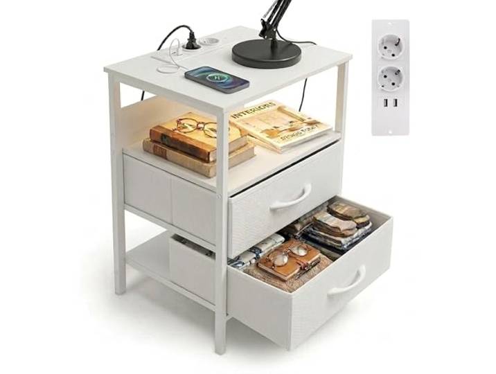 Relaxdays Beistelltisch mit LED, Steckdosen, USB-Anschluss, weiß