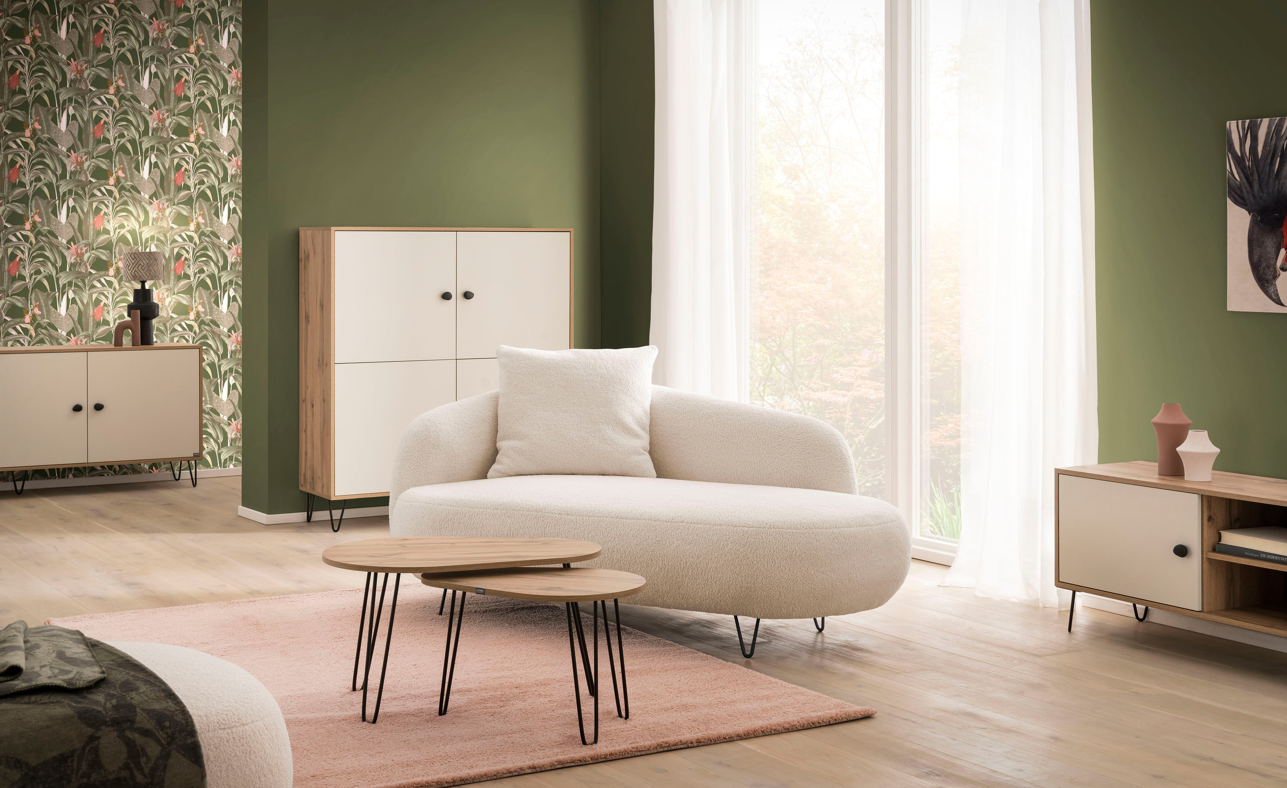 Highboard "Looks Organic", beige (eiche landhausfarben, cremebeige), B:120cm H:134,4cm T:39cm, LOOKS BY WOLFGANG JOOP, Sideboards, Highboard, Mit hochwertigen Metallbeschlägen und Softclose-Scharnieren