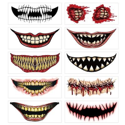 10 Stück Halloween-PVC-Tattoo-Aufkleber, Horror-Lippen, DIY-Aufkleber, großer Mund, Tattoo, wasserdicht, Spaß, Make-up, Lächeln, Lippen, Schönheitswerkzeuge, Halloween-Dekoration für Halloween