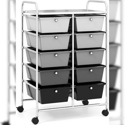 COSTWAY Rollwagen mit 10 stapelbaren Schubladen, Metallgestell & Ablagefläche, Aufbewahrungswagen 65,5x37x87cm