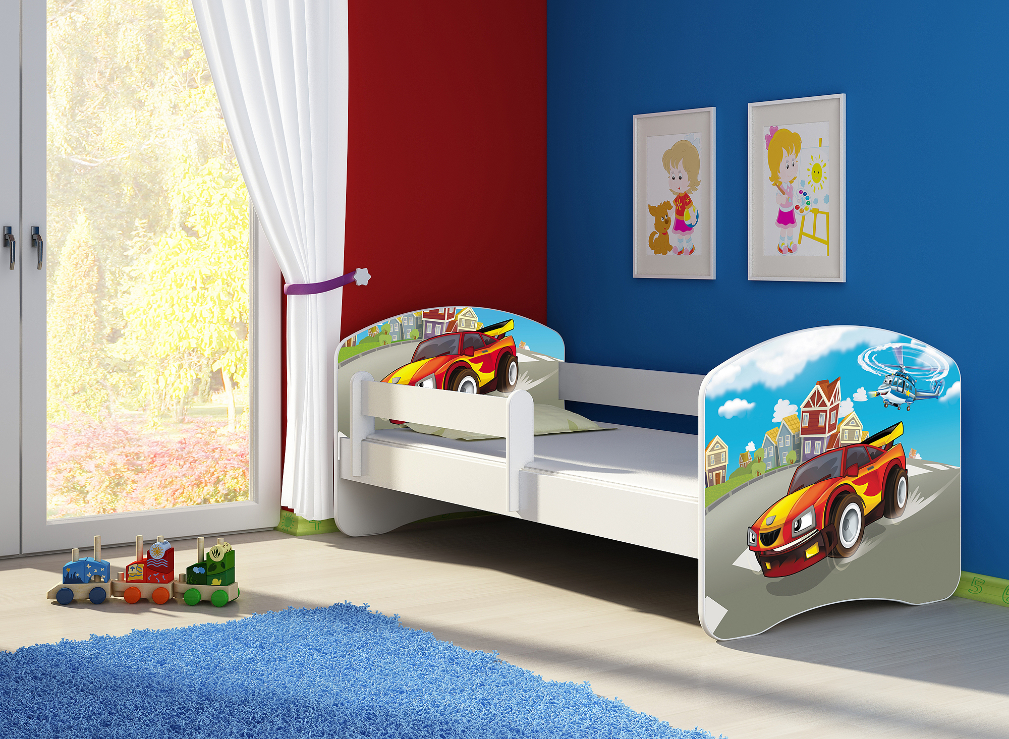 Kinderbett, Babybett 70x140, 80x160, 80x180cm Juniorbett, Kind, Motiv, Schublade CLAMARO, Bett Farbe:03 Racing Car, Ausführung:Mit Bettkasten, Bett Größe:180 x 80 cm