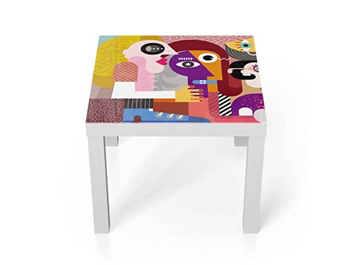 DEQORI Glastisch weiß klein 55x55 cm Motiv Hund zwischen Menschen ausgefallener Beistelltisch aus Glas Hochglanz Couchtisch fürs Wohnzimmer moderner Couch Tisch mit Design