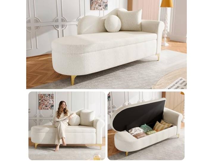 Merax Chaiselongue mit Stauraum, 134 cm Liege mit wellenförmiger Rückenlehne & Boucle-Stoff, hochdichter Schaumstoff, inkl. Lenden- & Nackenkissen, Retro-Look mit Massivholzrahmen, Beige