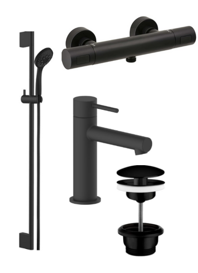 Herzbach Deep Black Duscharmaturen Set Brausearmatur, Wandstangenset, WT-Armatur, Ablaufventil
