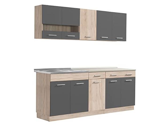 Homestyle4u Küchenzeile ohne Geräte 200 cm - Grau Eiche Holz Singleküche mit Arbeitsplatte, Hängeschränke mit Glastüren, Unter- und Oberschränke - ideal für kleine Küchen