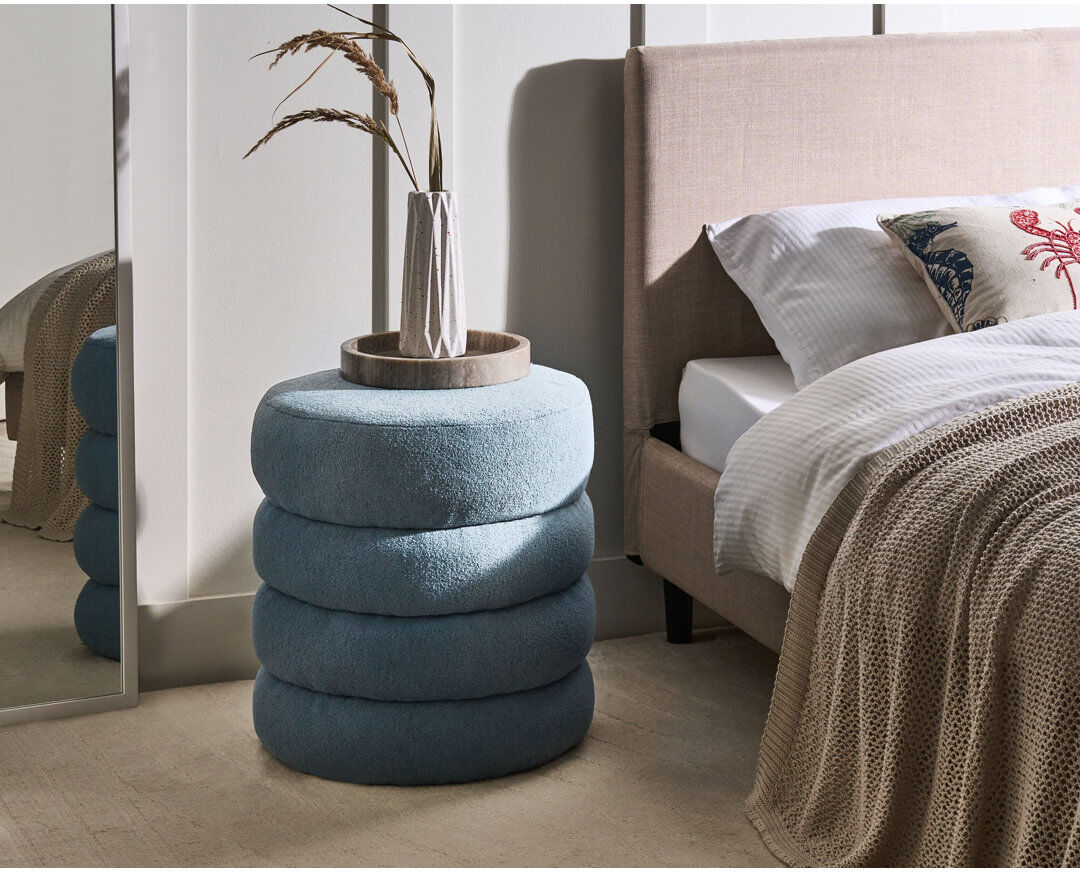 Beliani SUMPTER 43 cm W Boucle Round Pouffe Blue 47cm H X 43cm W X 43cm D
