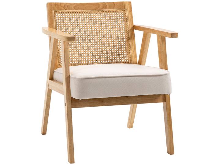 HOMCOM Exotische gestoffeerde stoel, Rubberhout, Zitkussen in Linnen-Look, 63L x 69B x 78H cm, Cremewit