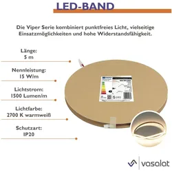 Vasalat, LED Streifen, LED Band 5m Set Led Streifen 15W/m 2700K, IP20, 24V/DC (Warmweiss, 500 cm, Indoor)