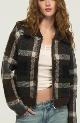 Lucky Brand Plaid Bomber Sweater - Women's Clothing Outerwear Bomber Jackets in Ombre Blue, Size L