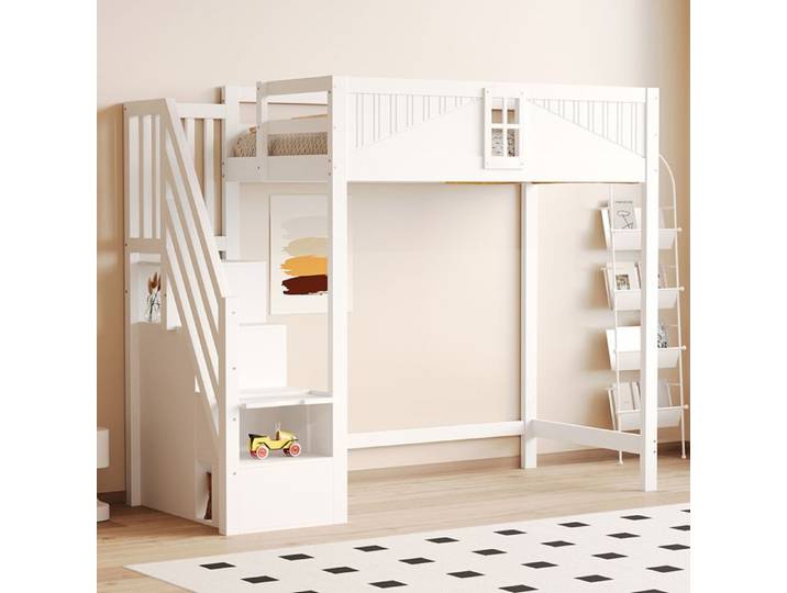 Lit mezzanine Bois massif 90x200 cm porte sécurité fenêtrée échelle réversible multifonction blanc
