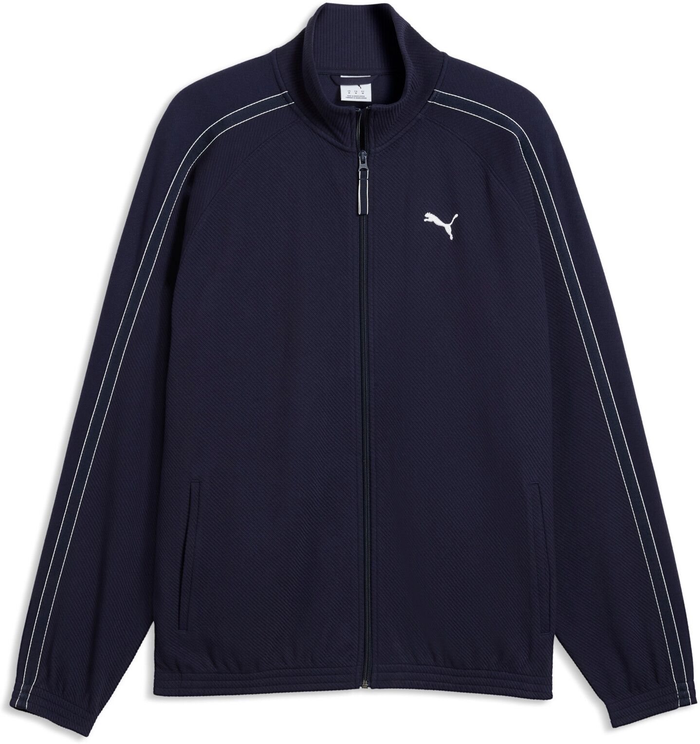Trainingsjacke PUMA "CLASS RELAXED MATERIAL TRACK JACKET", Herren, Gr. M, puma navy, Web, Obermaterial: 66% Baumwolle, 32% Polyester, 2% Elasthan, unifarben, relaxed fit normal, Jacken Trainingsjacke, mit Stehkragen, unifarbenes Design, Relaxed Fit puma n