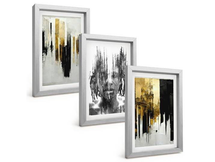 BILDER SET 3er Set - 20x30 cm Silberner Rahmen - Kontrastierende abstrakte Porträts