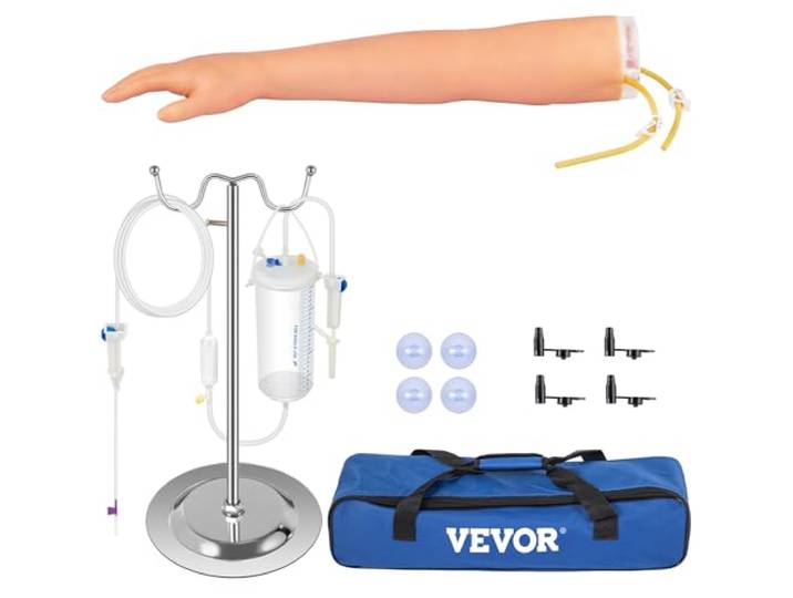 VEVOR Kit Phlébotomie Modèle Bras Pratique Ponction Veineuse Vaisseaux Sanguins Latex Support Injection Intraveineuse Acier 40-70 cm avec Sac Transport Étudiants Infirmières 55x11x8 cm Peau