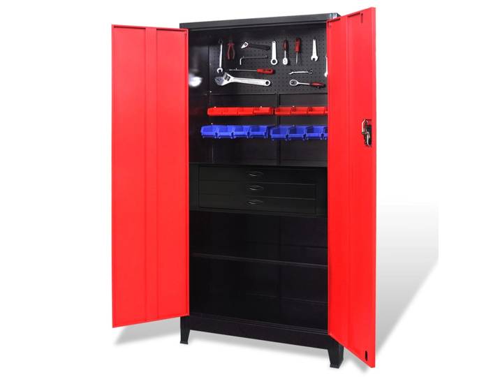 vidaXL Werkzeugschrank mit Werkzeugtruhe Stahl 90x40x180cm Rot Schwarz