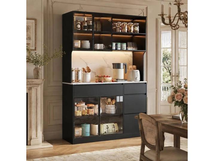 Buffet de Cuisine Buffet Haut Noir 120x40x180 cm Vaisselier Vitrine LED Effet Marbre Tiroirs