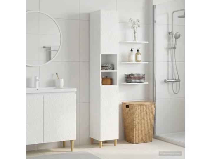 KTHLBRH Badezimmerschrank mit offenem Regal Delft Hochglanz Weiß Holzwerkstoff, feuchtigkeitsresistent, reversible Tür, mehrere Fächer, schlankes Design, kompakte Raumnutzung
