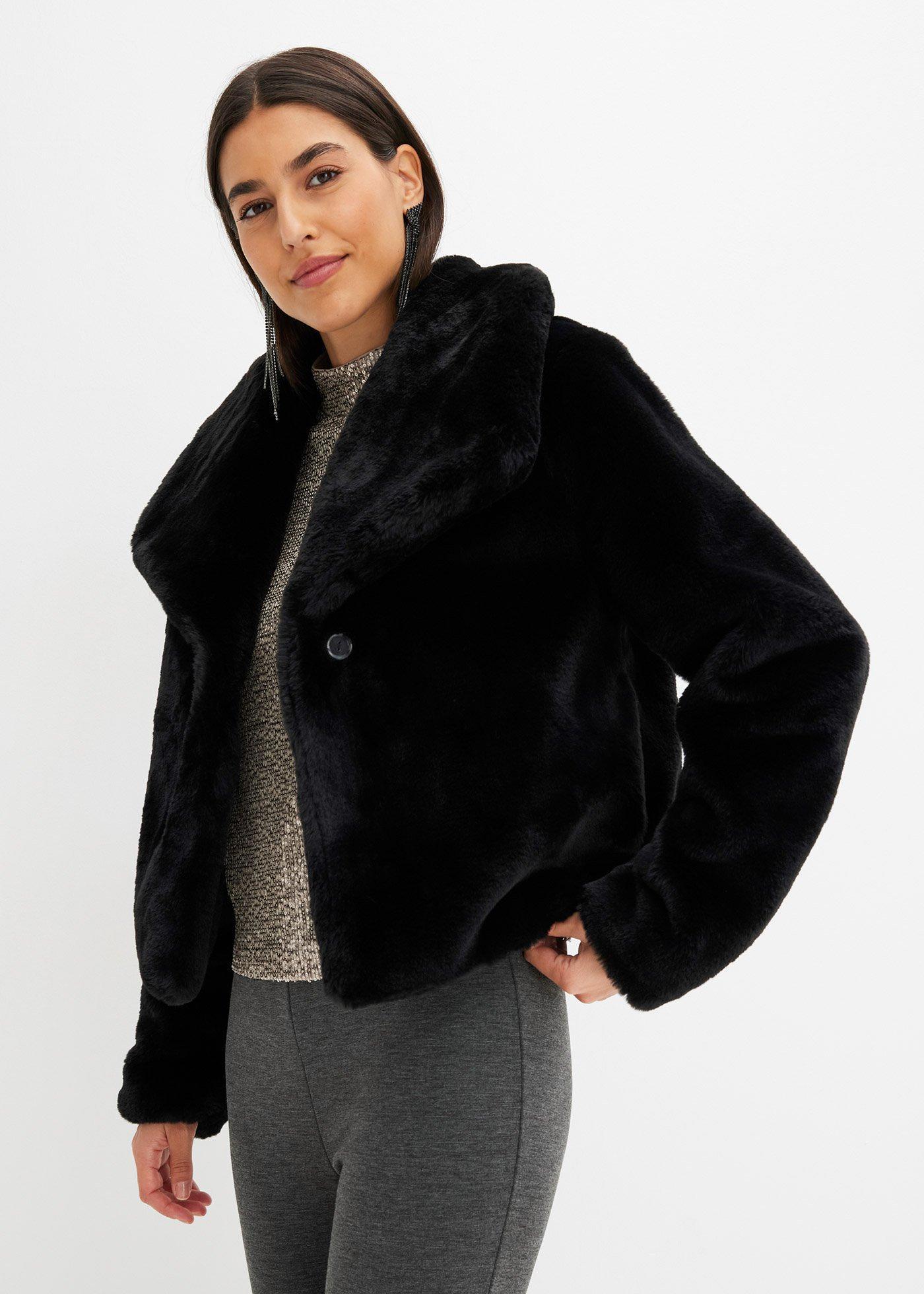 bonprix Fellimitat-Jacke, schwarz, Gr.48, modische Fellimitat-Jacke mit Knopfverschluss vorne