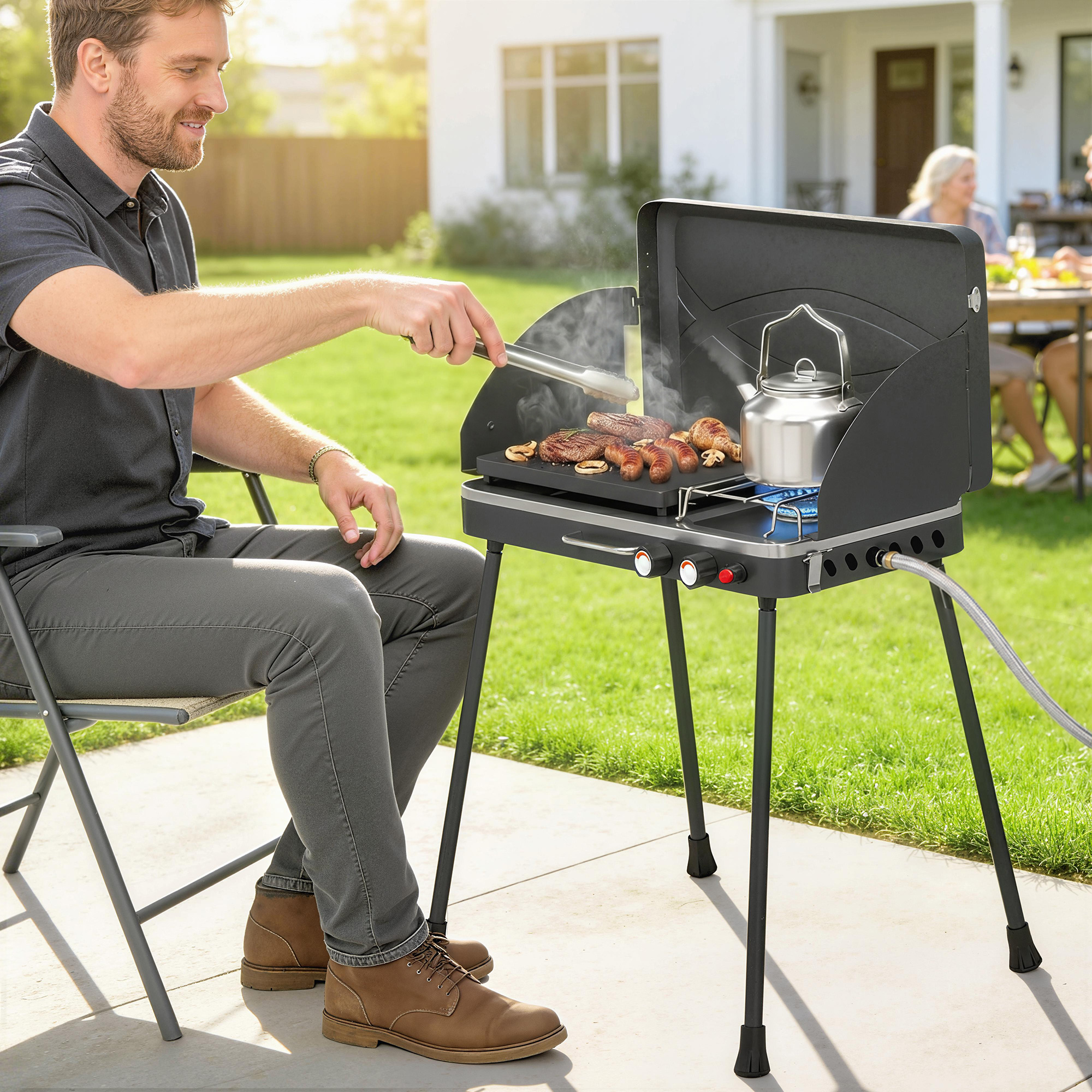 Outsunny 2-in-1 Portatile BBQ a Gas Propano, Griglia e Fornello, 7KW, Nero   Aosom Italy
