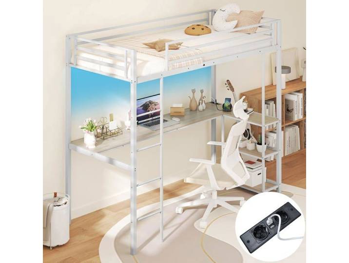 GOPLUS Lit Mezzanine en Métal avec Échelle-200×90CM avec Station de Charge Lumières Ambiance et Bureau d'Angle L 3 Étagères Blanc