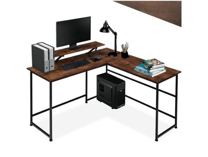 tectake® L-Vormig bureau - Hoekbureau met verplaatsbaar monitoropzetstuk - Industrieel design - Afmetingen 140 x 130 cm - Zwart metalen frame - Computerdesk - Donkerbruin