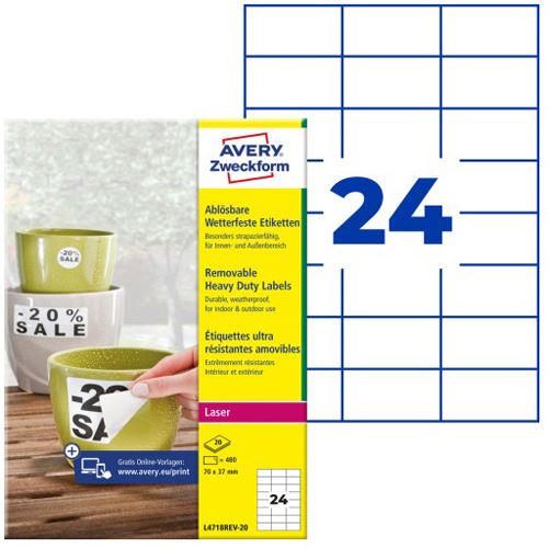 AVERY Zweckform 480 wetterfeste Folienetiketten L4718REV-20 weiß 70,0 x 37,0 mm