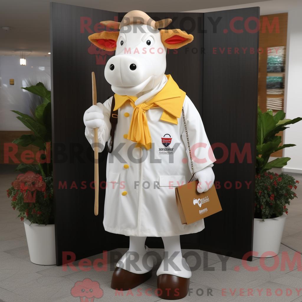 Maskottchenkostüm REDBROKOLY einer weißen Guernsey-Kuh mit Regenmantel und Aktentasche