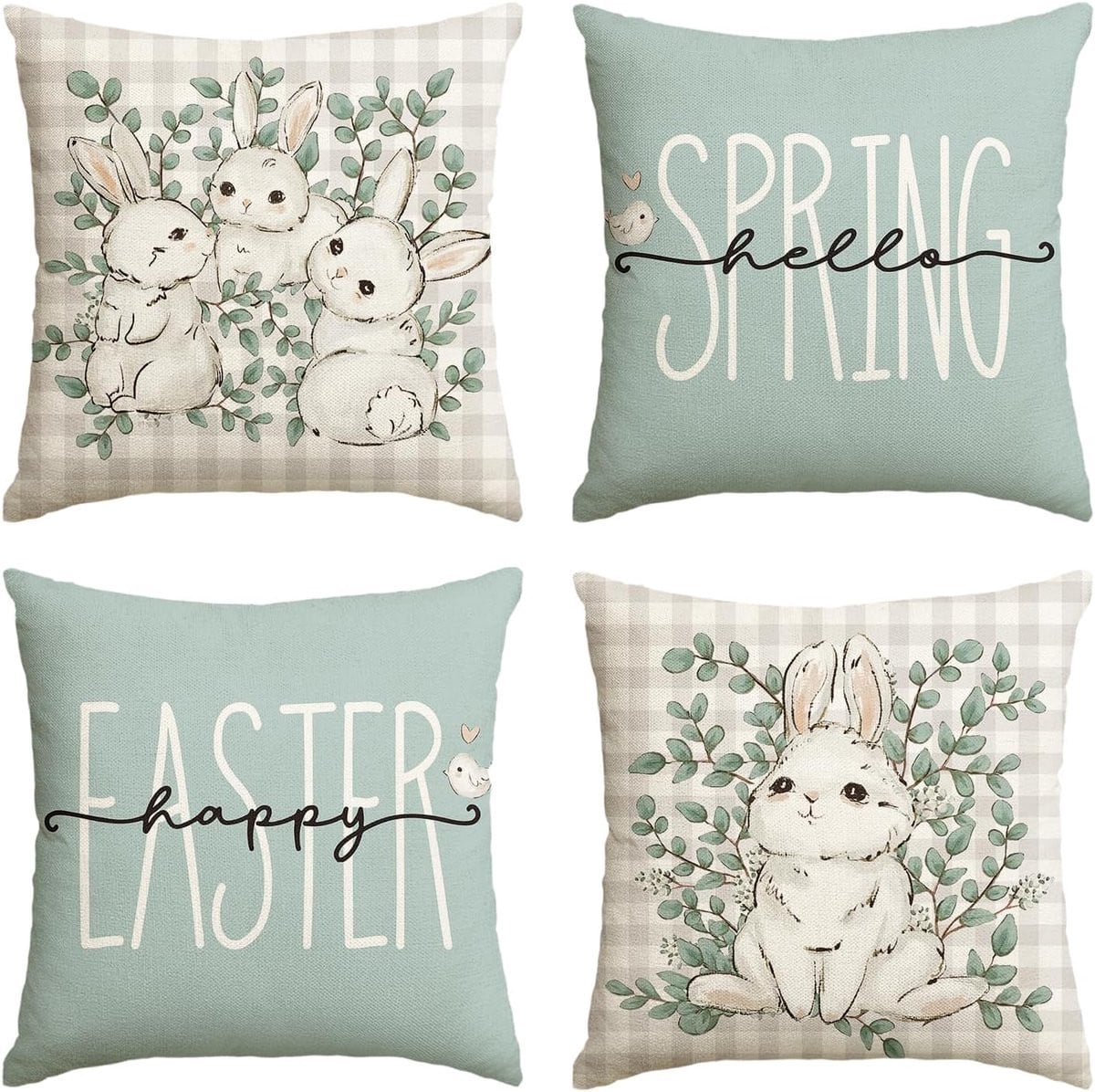 Set van 4 Mode Happy Easter Hello Spring kussensslopen voor lente decoratie, 45 x 45 cm