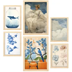 POSTER Set Mit 6 Blaue Wolken A3 & A4 Rahmen Aus Hellem Holz