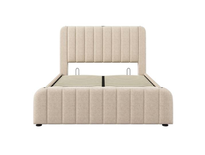 Lit capitonné lin beige hydraulique tête dorée 140x200 cm