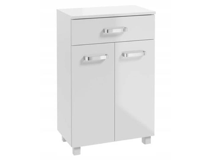 Deftrans Freistehender Badezimmerschrank 50x78 cm Kommode mit Regal auf Füßen, weißer Glanz