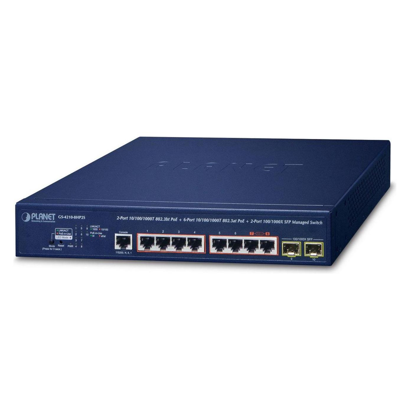 Planet 2Port GE 802.3bt + 6Port GE 802.3at + 2Port 1000X SFP (8 Ports) (GS-4210-8HP2S)