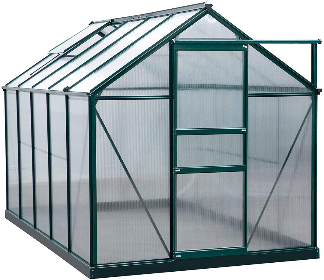 Sol 27 Outdoor Aaliegha 6 x 10ft Polycarbonate Greenhouse Walk in Slide Door Dark Green Green 201cm H X 312cm W X 190cm D