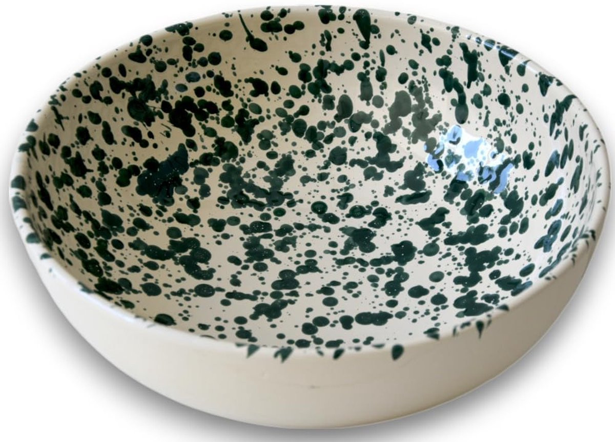 Handgemaakte keramische Majolika schaal met groene spatten - Diameter: 25 cm