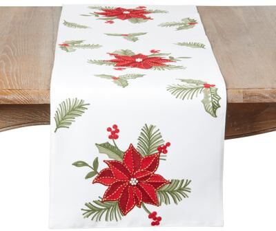 Saro Lifestyle "Poinsettia & Pine Holiday Table Runner - Embroidered Poinsettia and Evergreen Botanical Design for Holiday Dining - 16""x70"""