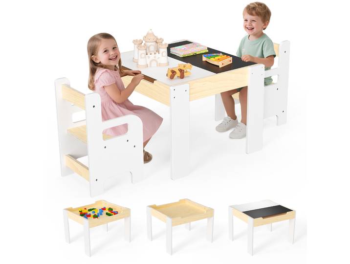 Ensemble table et 2 chaises pour enfants avec tableau noir effaçable pour la lecture/les repas/les jeux/les loisirs créatifs, facile à assembler, espace de rangement pour les tout-petits de 1 à 3 ans,