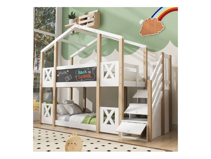 Merax Etagenbett, Kinderbett 90x200cm mit Treppe Tafel Rausfallschutz Schubladen, Kiefer
