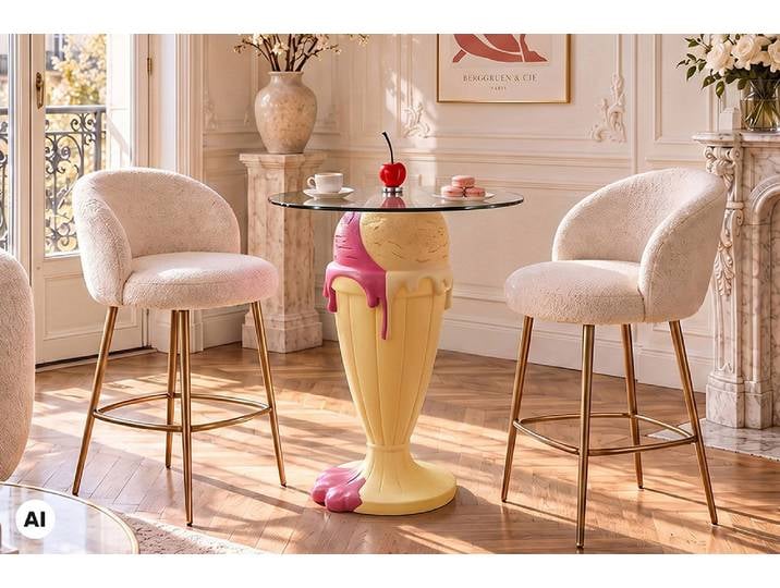 Runder Bistrotisch SWEET SOCIETY 90cm pastell gelb rosa Glasplatte mit abnehmbarer Kirsche Esszimmertisch Säulentisch Küchentisch 2 Personen Modern & Design