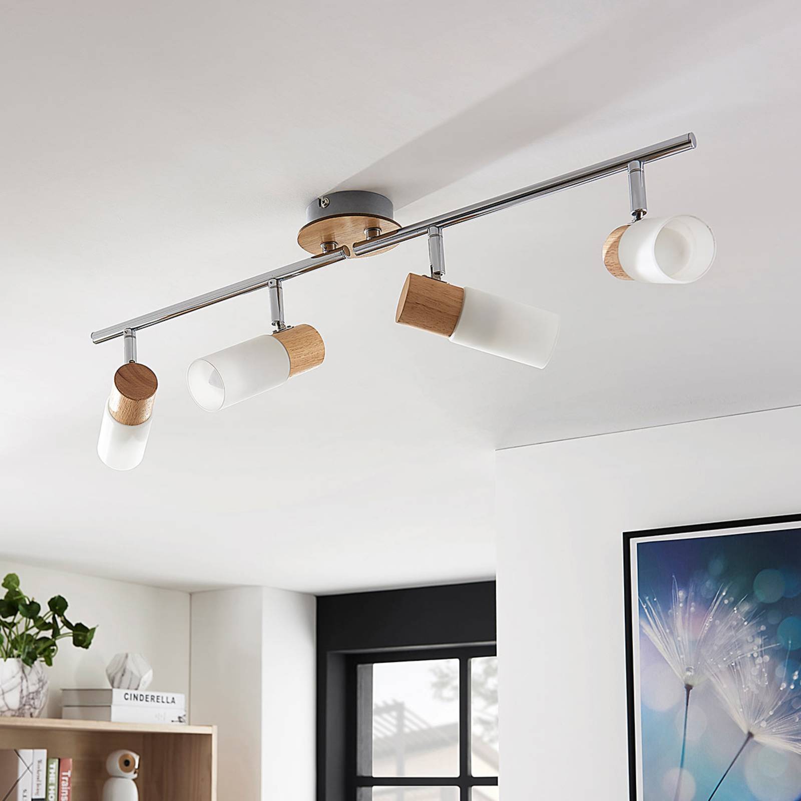 Lindby Deckenstrahler Christoph, 68 cm, 4-flg., Holz, Glas Christoph, Holz hell, für Wohn- / Esszimmer, Holz, Landhaus / Rustikal, Strahler