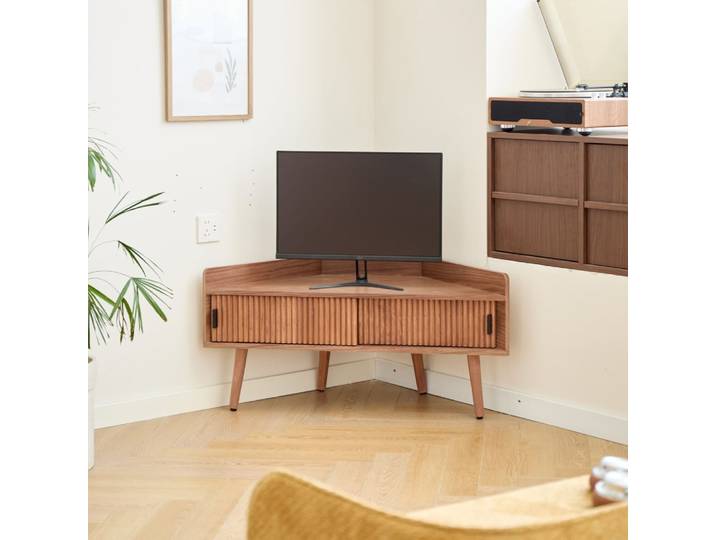 Meuble tv d'angle 2 portes en bois foncé noyer