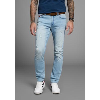Straight-Jeans BRUNO BANANI "Hutch", Herren, Gr. 32, Länge 36, blau (l.blau dunkel), Denim/Jeans, Obermaterial: 98% Baumwolle, 2% Elasthan, Destroyed-Effekte, straight fit lang, Jeans Straight-Jeans, gerade geschnittenes Bein, niedrige Leibhöhe,...